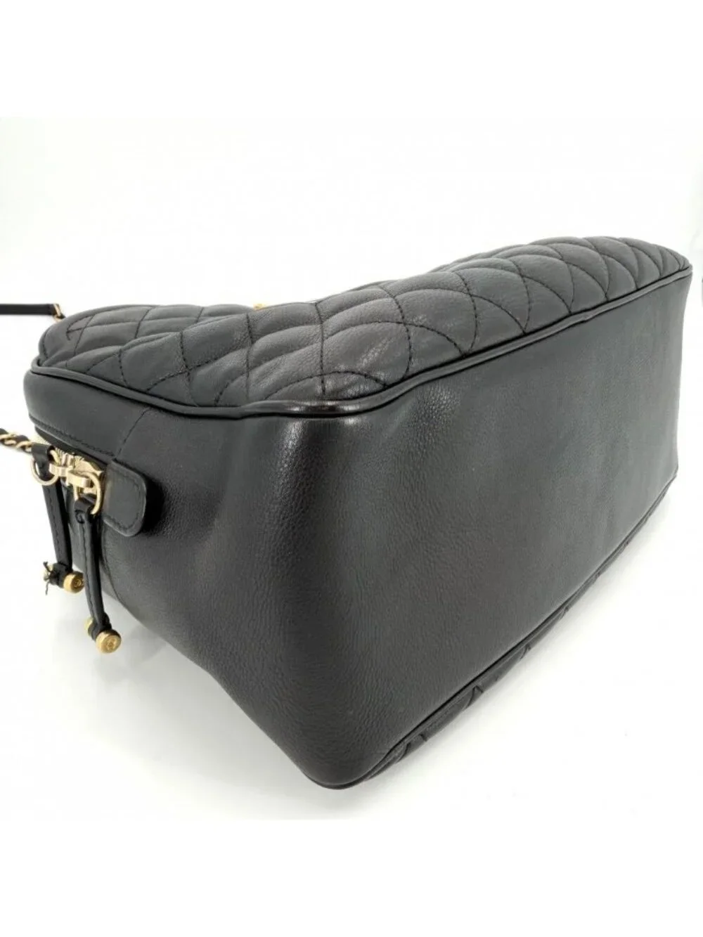 Chanel 2-Way Quilted Vanity Chain Shoulder Bag Crossbody Leather Black Gold